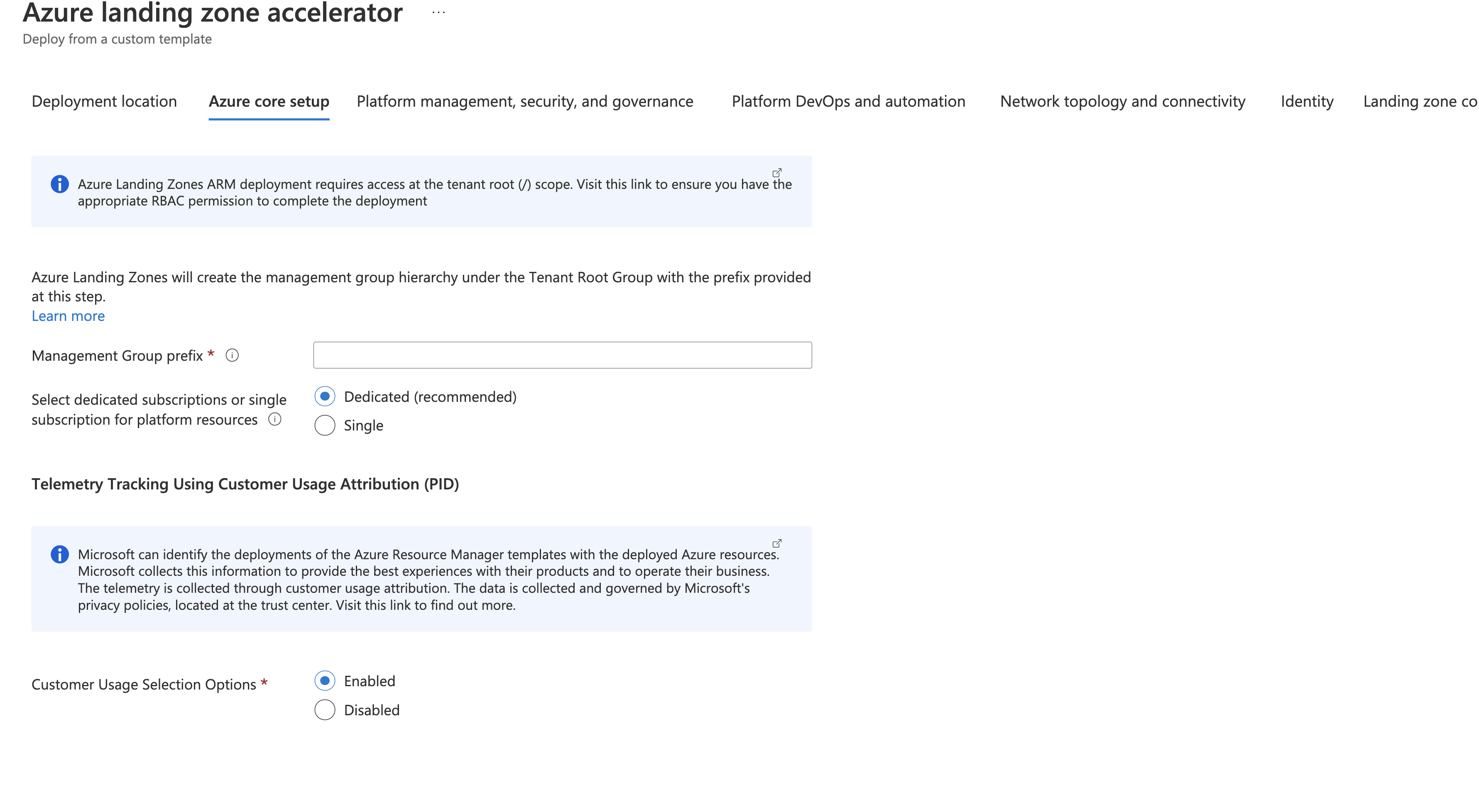 ESLZ ARM Template Telemetry Opt Out Toggle Control Enabled