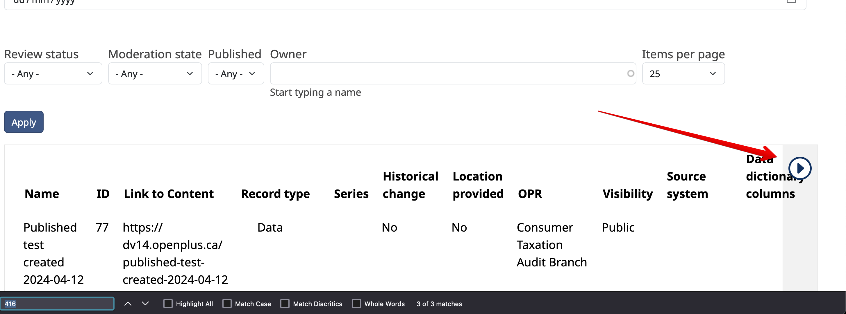 screenshot showing the scroll button on a table