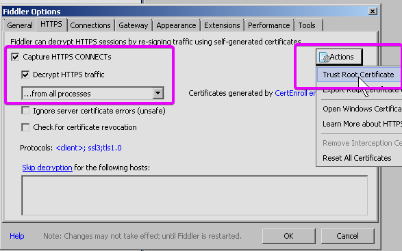 Fiddler Options - Tools HTTPS Tab