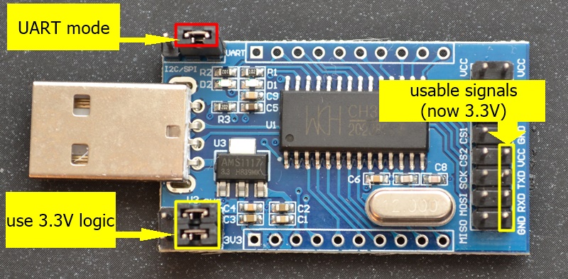 3.3V UART mode of CH341A USB to UART/IIC/SPI/TTL/ISP adapter EPP/MEM Parallel converter