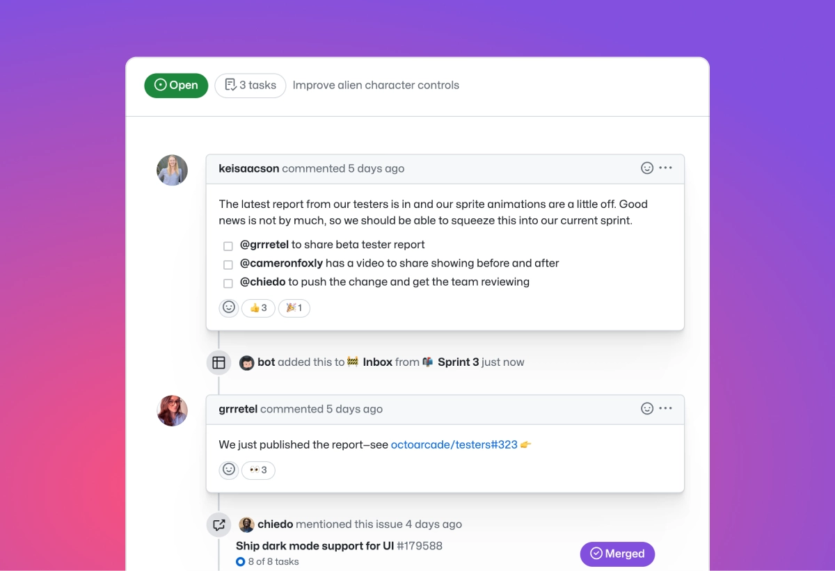 An issue discussion displaying a series of comments and tasks related to improving alien character controls, including updates from multiple team members. The background has a pink-to-purple gradient.