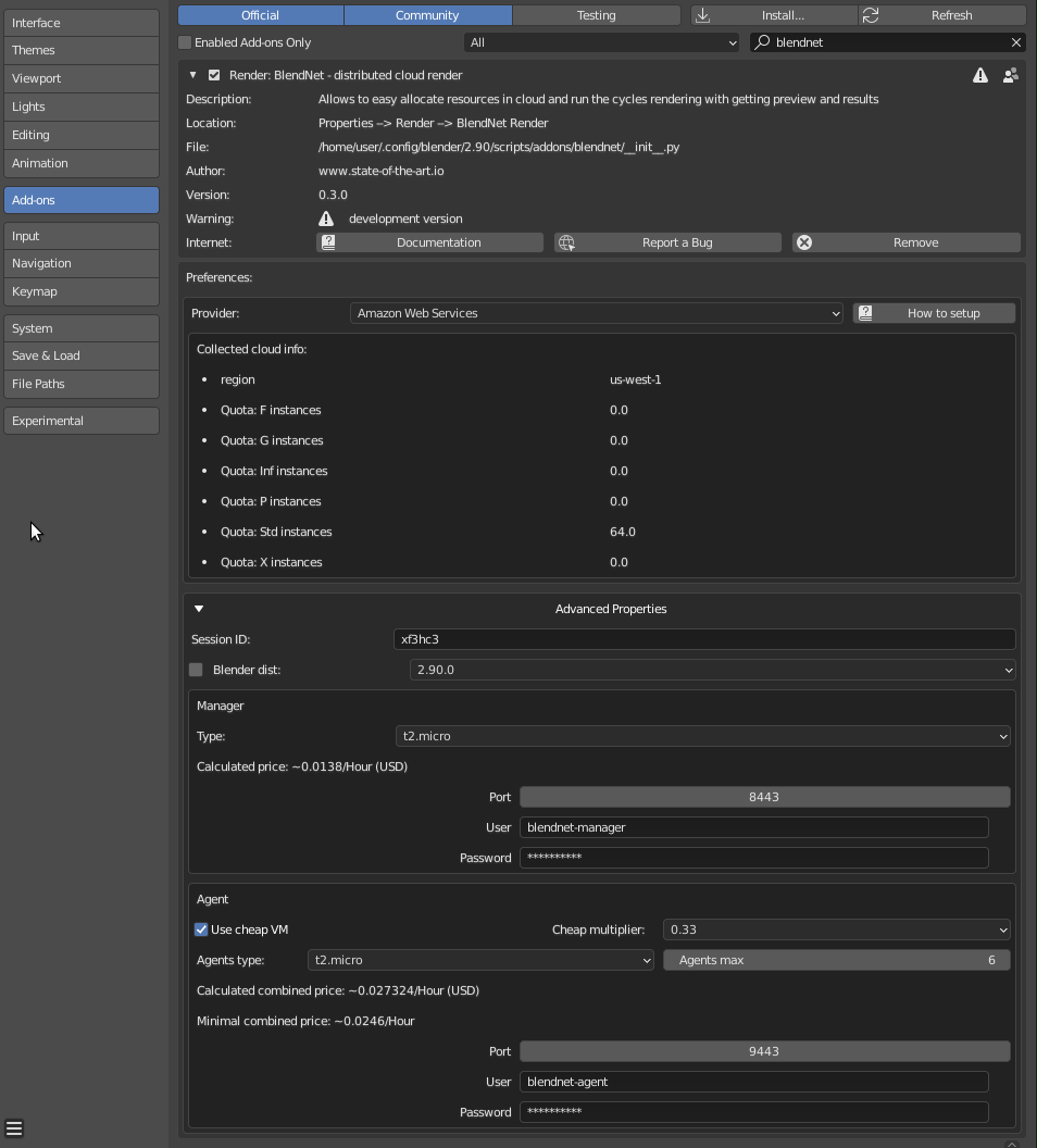 Preferences - BlendNet Addon AWS Provider